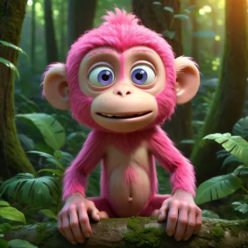 Prompt: Comical Pink monkey in vibrant forest, lush foliage, detailed fur with soft gradients, intense and curious gaze, high quality, 4k, detailed, realistic, vibrant, jungle, detailed eyes, whimsical, warm lighting