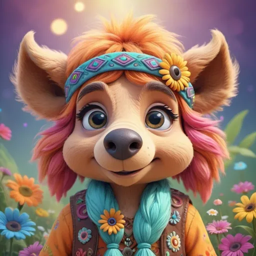 Prompt: High-quality digital illustration of a hippie style, ornate, wearing headband, cute and friendly ALF character mascot, vibrant and playful color palette, soft and cuddly fur texture, adorable big eyes, endearing expression, whimsical fantasy setting, magical fairy-tale environment, dreamy and enchanting atmosphere, 3D rendering, vibrant colors, fantasy, cute mascot, soft fur texture, big eyes, dreamy setting, magical atmosphere, high quality, vibrant color palette for a Memecoin