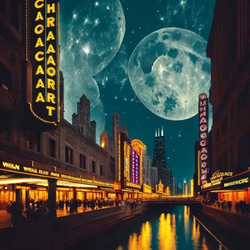 Prompt: Chicago theater district at night with moonlit river, colorful,  in the style of William Morris, enchanting atmosphere, glowing flora, serene, dreamlike, fantasy, hi-res, hyper realistic, fantasy