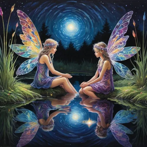 Prompt: Psycedelic fairies sitting along the waters of a serene pond shimmer with kaleidoscopic reflections of the changing  dark night sky above. Each ripple, a testament to the wind's whisper, reshapes the radiant colors, embodying the transient nature of introspection. 