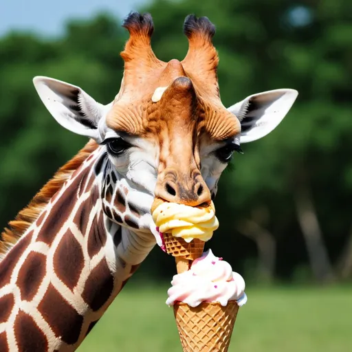 Prompt: A giraffe eating an ice cream