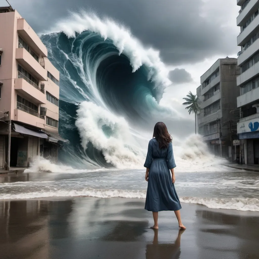 Prompt: can you make an image of a lady standing accepting her fate against a tsunami coming toward her as she stood in the city alone