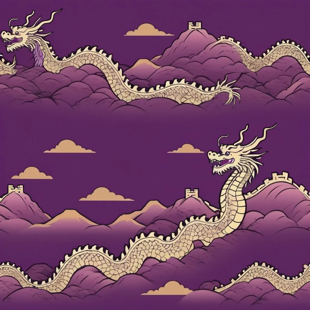 Prompt: The great wall with a traditional chinese full dragonand purple background 