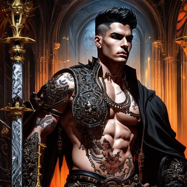 Prompt: Full body splash art of a male priest of the goddess of pain and torture, blood, scars, piercings, leather, latex, handsome, androgynous, feminine, charming, flirty, elegant, highly detailed, intricate, smooth, sharp focus, artstation, digital painting, concept art, art by greg rutkowski, alphonse mucha and John William Waterhouse, D&D, fantasy