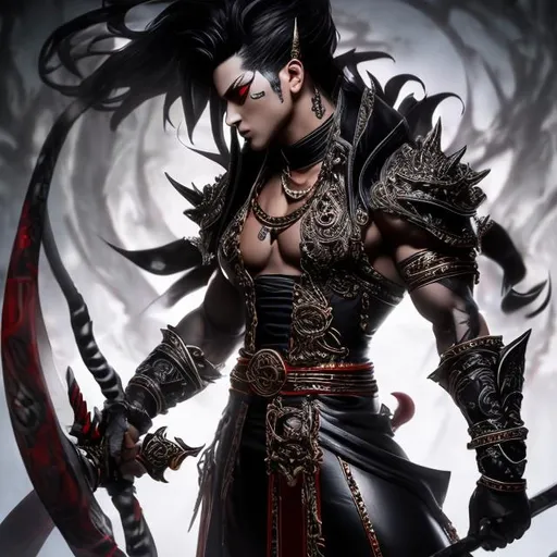 Prompt: Full body splash art of a male priest of the goddess of pain, sadism and torture, handsome, androgynous, feminine, charming, flirty, elegant, scars and wounds on body, wearing leather and latex, blood, nine-tailed whip, highly detailed face, intricate, smooth, sharp focus, artstation, digital painting, concept art, art by greg rutkowski, alphonse mucha and John William Waterhouse, D&D, fantasy