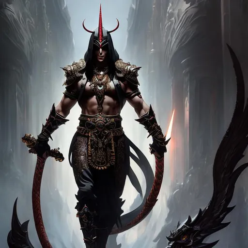 Prompt: Full body splash art of a male priest of the goddess of pain, sadism and torture, handsome, androgynous, feminine, charming, flirty, elegant, scars and wounds on body, blood, nine-tailed whip, highly detailed, intricate, smooth, sharp focus, artstation, digital painting, concept art, art by greg rutkowski, alphonse mucha and John William Waterhouse, D&D, fantasy