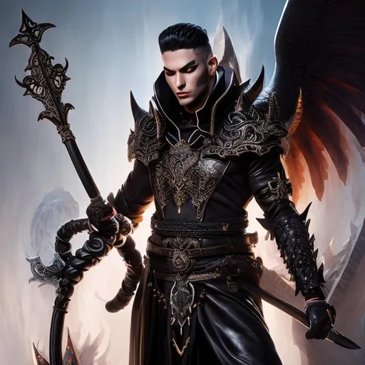 Prompt: Full body splash art of a male priest of the evil goddess of pain, sadism and torture, androgynous, feminine, charming, flirty, elegant, scars and wounds on body, wearing leather and latex, blood, nine-tailed whip, highly detailed face, smooth, sharp focus, artstation, digital painting, concept art, art by greg rutkowski, alphonse mucha and John William Waterhouse, D&D, fantasy