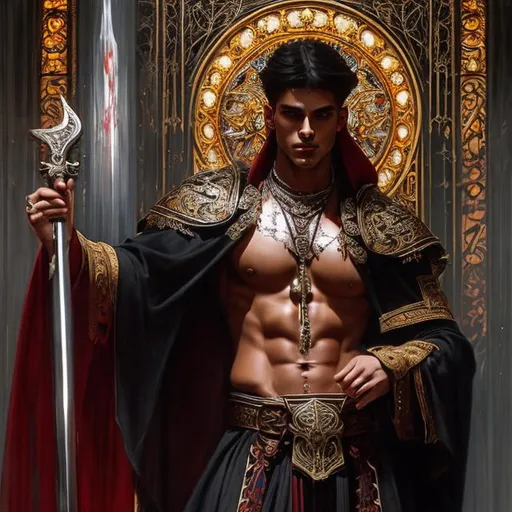 Prompt: Full body splash art of a male priest of the goddess of pain and torture, blood, scars, handsome, androgynous, feminine, charming, flirty, elegant, highly detailed, intricate, smooth, sharp focus, artstation, digital painting, concept art, art by greg rutkowski, alphonse mucha and John William Waterhouse, D&D, fantasy