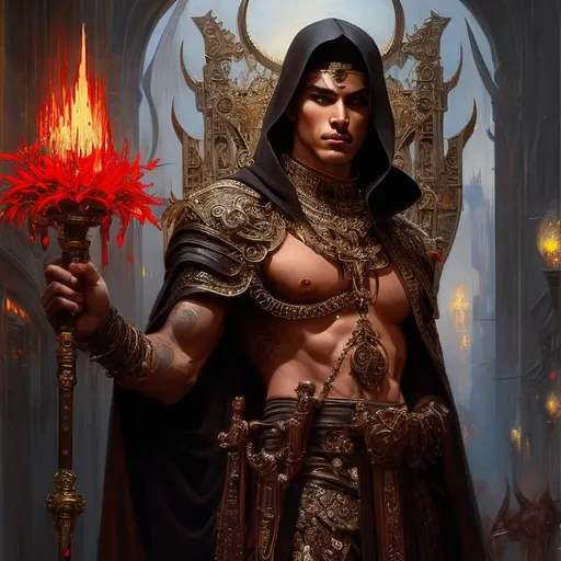 Prompt: Full body splash art of a male priest of the goddess of pain and torture, blood, scars, handsome, androgynous, feminine, charming, flirty, elegant, highly detailed, intricate, smooth, sharp focus, artstation, digital painting, concept art, art by greg rutkowski, alphonse mucha and John William Waterhouse, D&D, fantasy