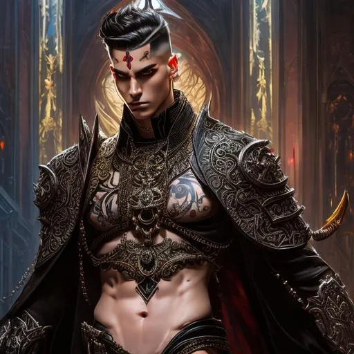 Prompt: Full body splash art of a male priest of the goddess of pain and torture, blood, scars, piercings, leather, latex, handsome, androgynous, feminine, charming, flirty, elegant, highly detailed, intricate, smooth, sharp focus, artstation, digital painting, concept art, art by greg rutkowski, alphonse mucha and John William Waterhouse, D&D, fantasy