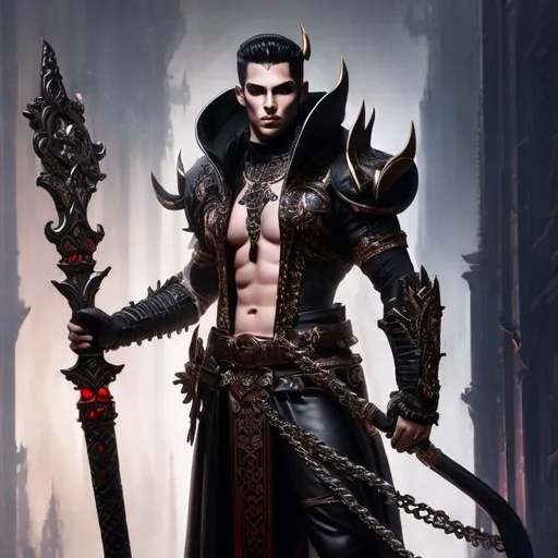 Prompt: Full body splash art of a male priest of the goddess of pain, sadism and torture, handsome, androgynous, feminine, charming, flirty, elegant, scars and wounds on body, wearing leather and latex, blood, nine-tailed whip, highly detailed face, smooth, sharp focus, artstation, digital painting, concept art, art by greg rutkowski, alphonse mucha and John William Waterhouse, D&D, fantasy