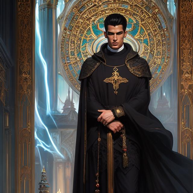 Prompt: Full body splash art of a male priest of the goddess of pain and torture, handsome, androgynous, feminine, charming, flirty, elegant, highly detailed, intricate, smooth, sharp focus, artstation, digital painting, concept art, art by greg rutkowski, alphonse mucha and John William Waterhouse, D&D, fantasy