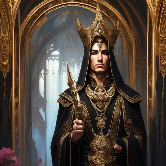 Prompt: Full body splash art of a male priest of the goddess of pain and torture, handsome, androgynous, feminine, charming, flirty, elegant, highly detailed, intricate, smooth, sharp focus, artstation, digital painting, concept art, art by greg rutkowski, alphonse mucha and John William Waterhouse, D&D, fantasy