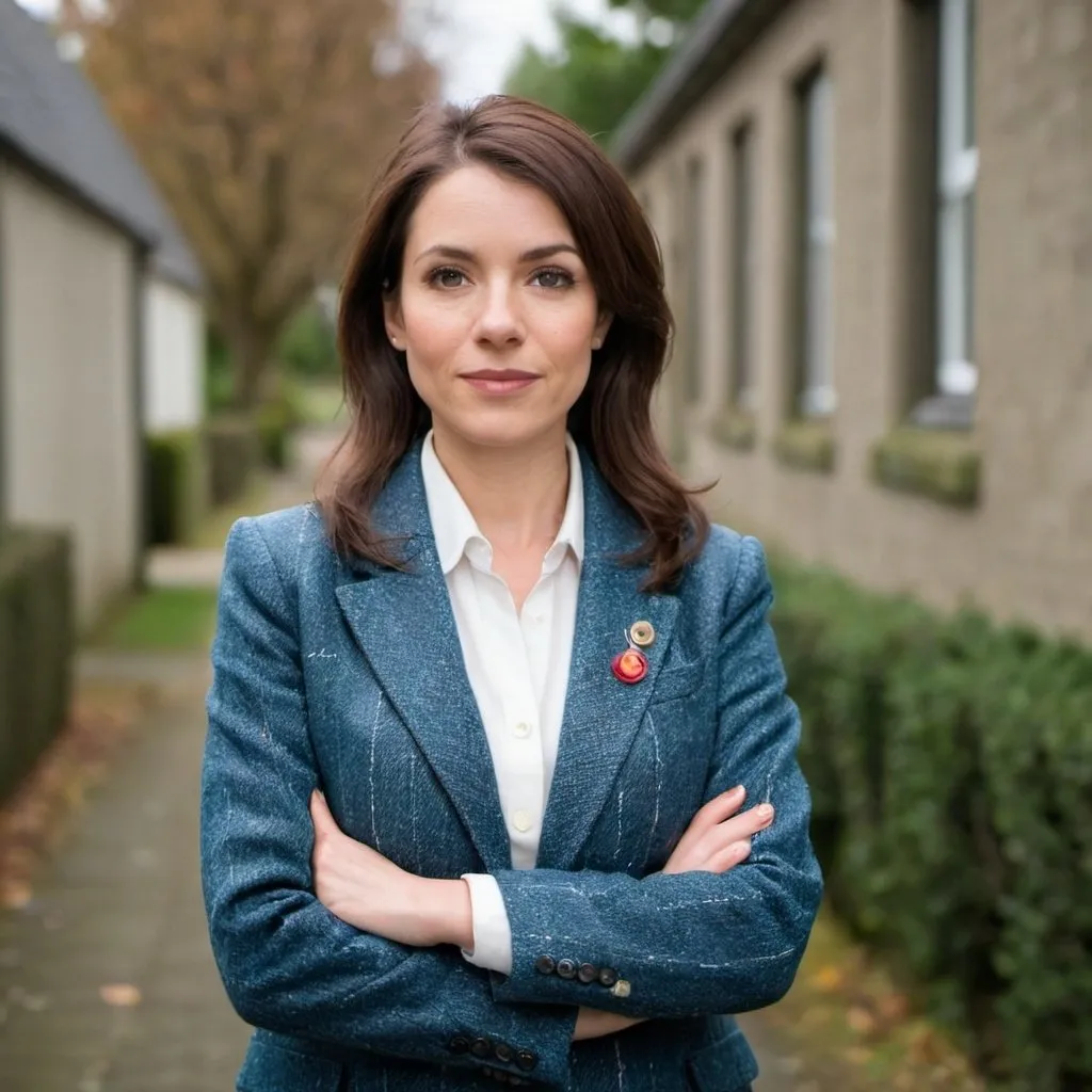 Prompt: photograph of professional woman in blue tweed jacket 