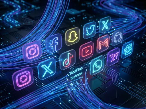 Prompt: A  cinematic promo photo showcasing premium online accounts for sale. Dark modern tech background with glowing digital network lines. Social media and email platform icons (Instagram, Facebook, Twitter X, Snapchat, TikTok, YouTube, Gmail, GitHub, TextPlus, TextNow, Google Voice, Yahoo, Outlook) smoothly animate onto the screen one by one, floating and glowing. Subtle neon blue and purple lighting, professional business vibe, smooth camera motion, high-end digital marketplace style, no people, no text, ultra-HD.