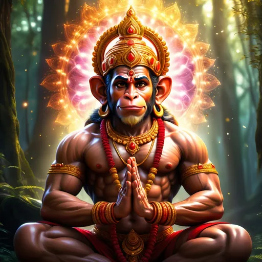 Prompt: "A majestic depiction of Lord Hanuman in a meditative pose, hands joined in a prayer gesture, with glowing golden fur and intricate red and gold ornaments. A radiant, golden halo behind his head, surrounded by sparkling light particles and vibrant colors. Cinematic lighting with high detail, capturing a serene yet powerful expression, set in a mystical forest with faint divine energy radiating through the atmosphere."