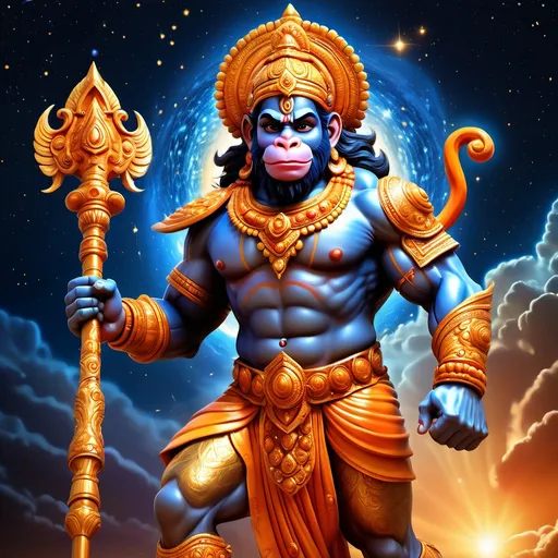 Prompt: "A dynamic artistic rendering of Lord Hanuman as a warrior, adorned in golden armor with intricate carvings, holding his iconic mace (Gada). His muscular physique is illuminated by warm, radiant light, surrounded by vibrant celestial energy. The background features a cosmic sky with stars and glowing hues of blue and orange, evoking divine power and strength. Ultra-realistic textures with a blend of divine and heroic aesthetic."