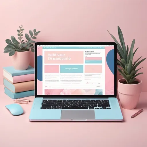 Prompt: Design an image with a soft pastel-colored workspace featuring a laptop displaying a beautifully designed website. Surround the scene with web development tools and elements in pink and blue, and include the heading "Build Your Dream Website with PitterPatter!" at the top of the image.


