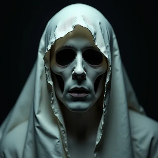 Prompt: A close-up of a masculine, ghostly figure draped in a tattered white sheet. The sheet clings tightly to the outline of the head, revealing the eerie contours of a man's face. Hollow, shadowy eye sockets and a faintly visible mouth create a disturbing, skeletal appearance beneath the fabric. The dim lighting casts dark, creepy shadows across the figure, enhancing the unsettling, supernatural presence. The background is dark and minimal, putting full emphasis on the ghostly figure’s head.