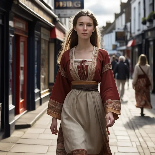 Prompt: Tall young woman walking down the high street, detailed clothing, realistic, natural lighting
chin traditional dress