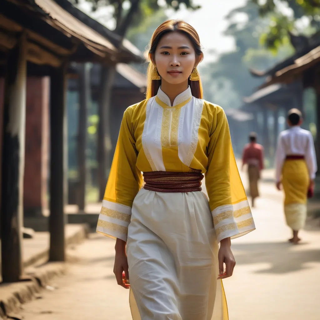 Prompt: Tall young woman walking down the park, myanmar traditional  clothing, yellow longyi,white blouse,realistic, natural lighting, 
chin traditional dress