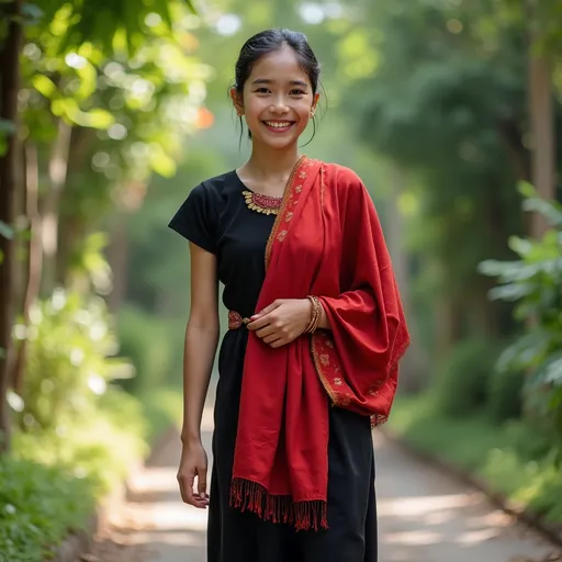 Prompt: လှပသောမြန်မာမိန်းကလေး,  မြန်မာဝတ်စုံ ထမီအနက်ရောင်နှင့် အင်ကျီ အနီရောင်,  ပန်းခြံထဲတွင် လမ်းလျှောက်နေသည် ပြုံးနေသည်