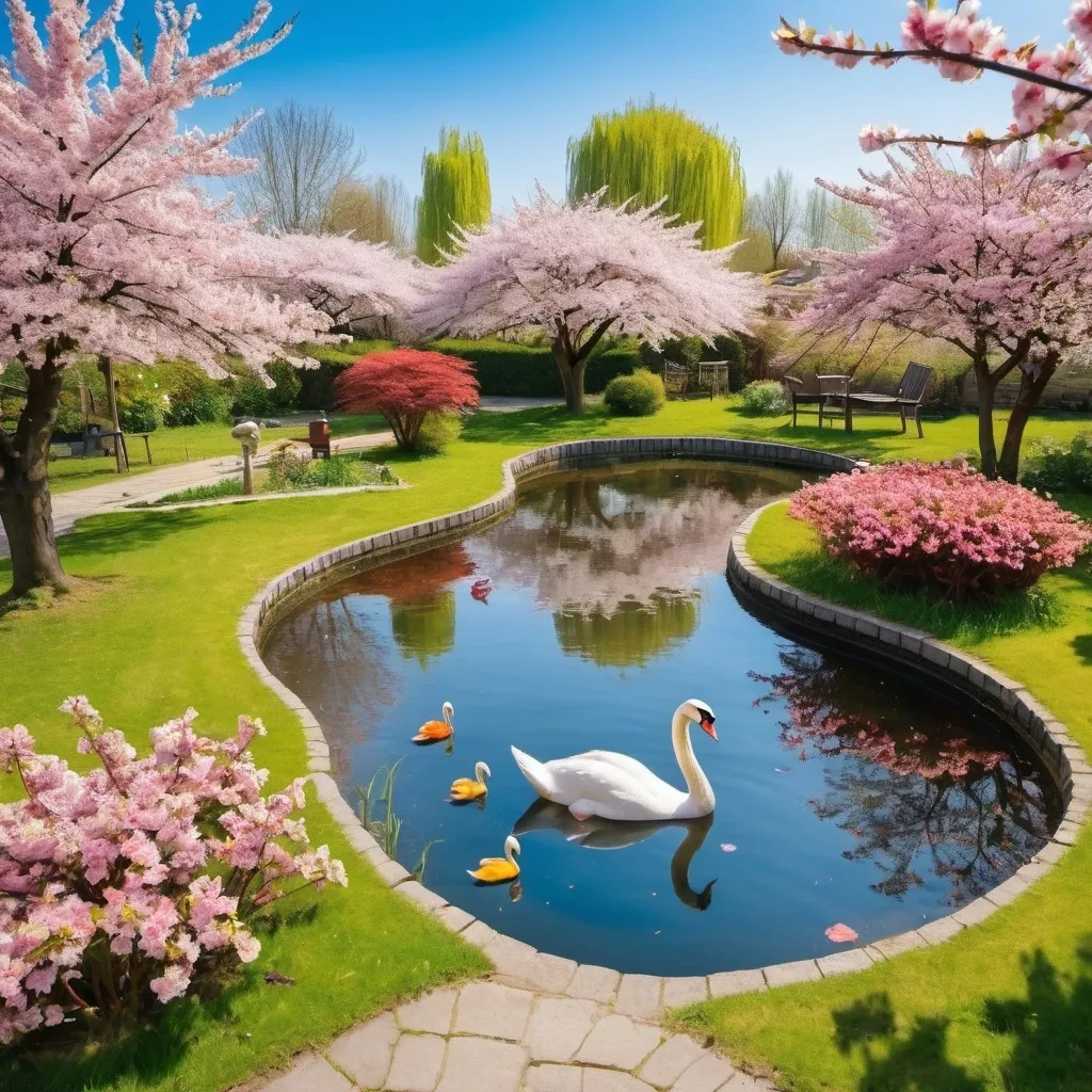 Prompt: a garden with cherry blossom and lot of other beautiful and colourful flowers.nice litle pond with clean water you can see fish swiming and on top of the wtaer swans are swiming.blue sky sunny day.