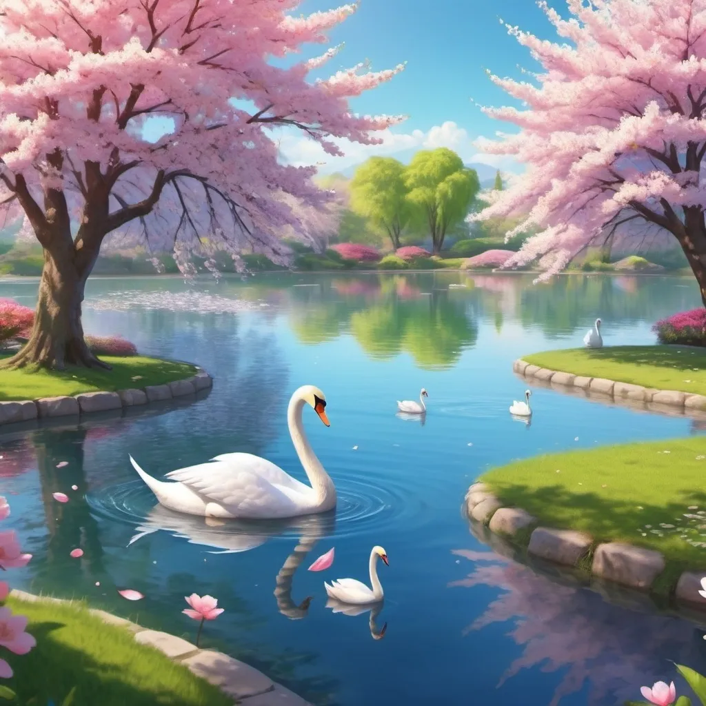 Prompt: a garden with cherry blossom and lot of other beautiful and colourful flowers.nice litle pond with clean water you can see fish swiming and on top of the wtaer swans are swiming.blue sky sunny day.