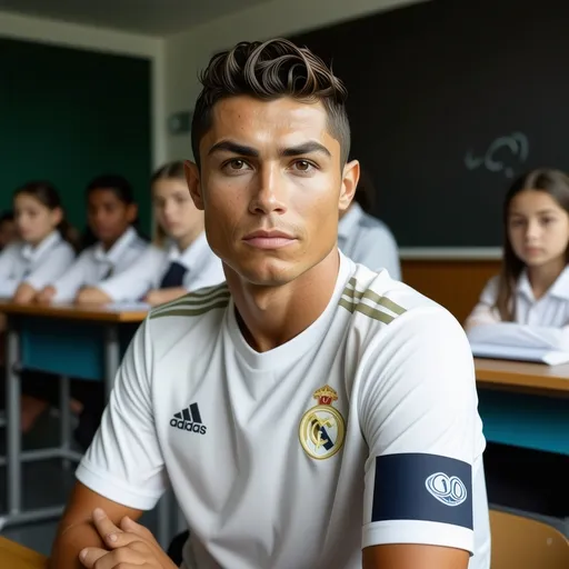 Prompt: Ronaldo is in class learning but very sad to be in school 