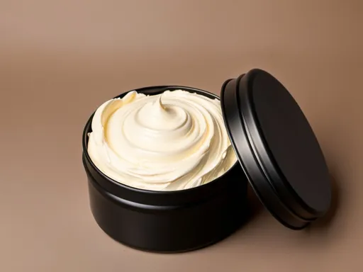 Prompt: whipped body butter in black tin container with no label on dark beige background