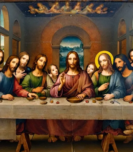 Prompt: Create the attached photo as jesus in last supper painting by leonardo da vinci realistically