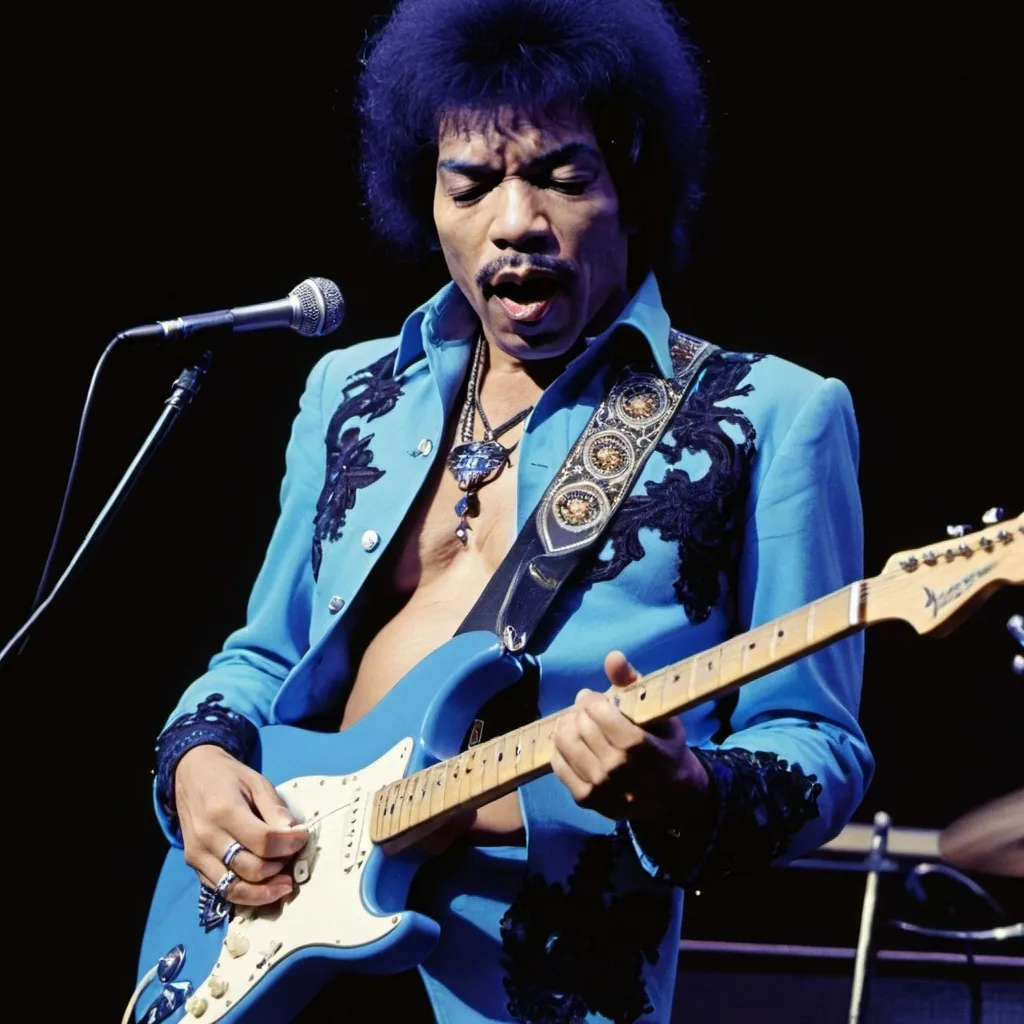 Prompt: Jimi Henrix singing on his famous electric guitar blue and black