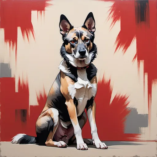 Prompt: A modern, artistic interpretation of a full body canine portrait with a bold, graphic quality reminiscent of traditional East Asian art. The dog is sitting against an abstract background painted in shades of red and beige. The dog appears to have a calm expression, with pointed ears and a combination of white, gray, and black fur. The background consists of brush strokes that create a textured effect, with the red area being dominant but somewhat uneven.