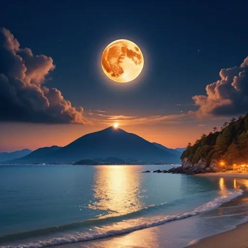 Prompt: (landing scene) super harvest moon, panoramic view, serene beach vista, view from the top a majestic mountain looking in front, twilight hues, vibrant orange and deep blue skies, reflective moonlight shimmering on water, dramatic clouds, tranquil atmosphere, high-quality 4K image, captivating landscape, harmonious colors blending beautifully, evoking peace and wonder.