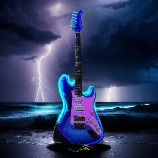 Prompt: Electronic guitar in the sea surrounded by lightning clouds, vibrant electric blue and neon purple, digital art, stormy atmosphere, crashing waves, electric guitar with neon light accents, intense and dramatic lighting, high quality, futuristic, dynamic, electric blue, neon purple, stormy clouds, crashing waves, digital art, dramatic lighting