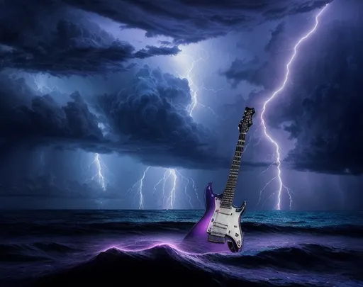 Prompt: Electronic guitar in the sea, surrounded by lightning clouds, dramatic and atmospheric, high-contrast, digital painting, stormy sky, glowing electric blue, vibrant purple hues, surreal, detailed guitar strings, professional art quality, electric guitar, stormy sea, lightning clouds, digital painting, dramatic atmosphere, vibrant colors, surreal, high-contrast, detailed strings, glowing sky, atmospheric lighting