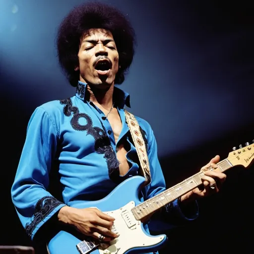 Prompt: Jimi Henrix singing on his famous electric guitar blue and black