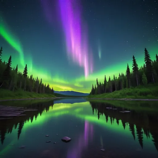 Prompt: Dazzling Perseid meteor shower and Northern Lights above a serene lake with a reflection