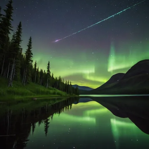 Prompt: Dazzling Perseid meteor shower and Northern Lights above a serene lake with a reflection