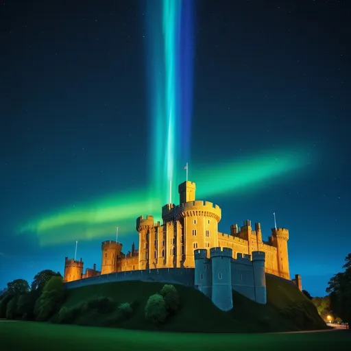 Prompt: Dazzling Perseid meteor shower and Northern Lights above Windsor Castle