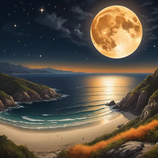 Prompt: (super harvest moon), panoramic view of a beach from a mountain top, realism style, (warm color scheme), glowing orange and yellow hues, vast ocean reflecting moonlight, soft waves lapping against the shore, rugged mountain landscape with lush greenery, tranquil and serene ambiance, (high detail), HD, stunning composition showcasing nature's beauty, enchanting night sky scattered with stars.