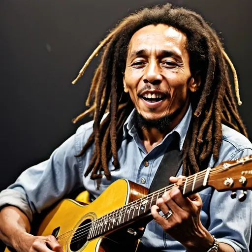 Prompt: Real life picture of Bob Marley at 80 years old singing the guitar