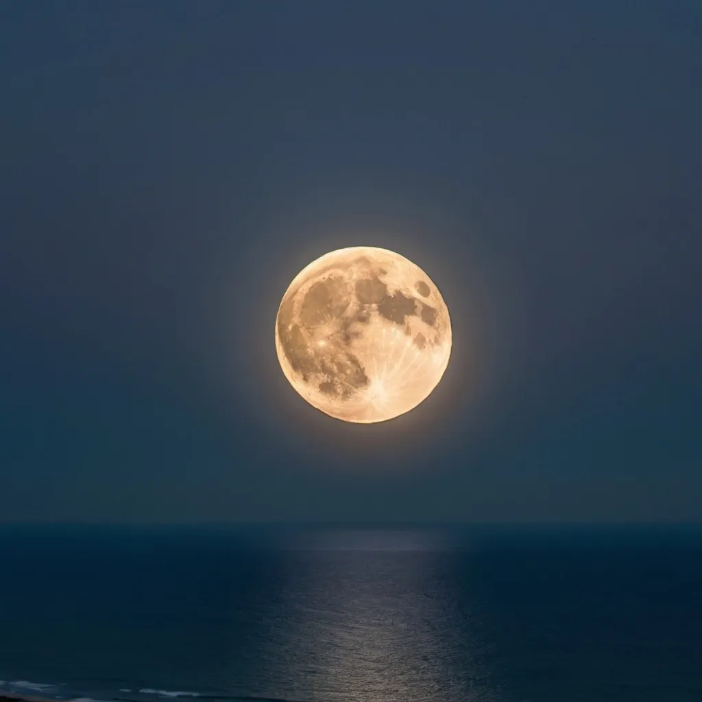 Prompt: super harvest moon seen with a panoramic view of the beach seen from the top of a mountain