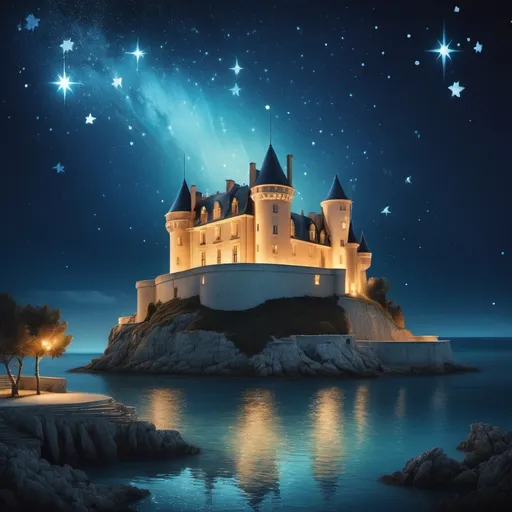 Prompt: Depict a magical nighttime scene at the Chateau d'If, featuring glowing stars and glittering water.