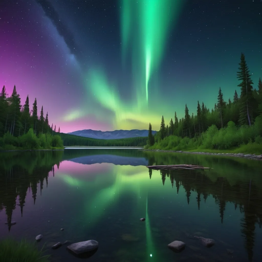 Prompt: Dazzling Perseid meteor shower and Northern Lights above a serene lake with a reflection