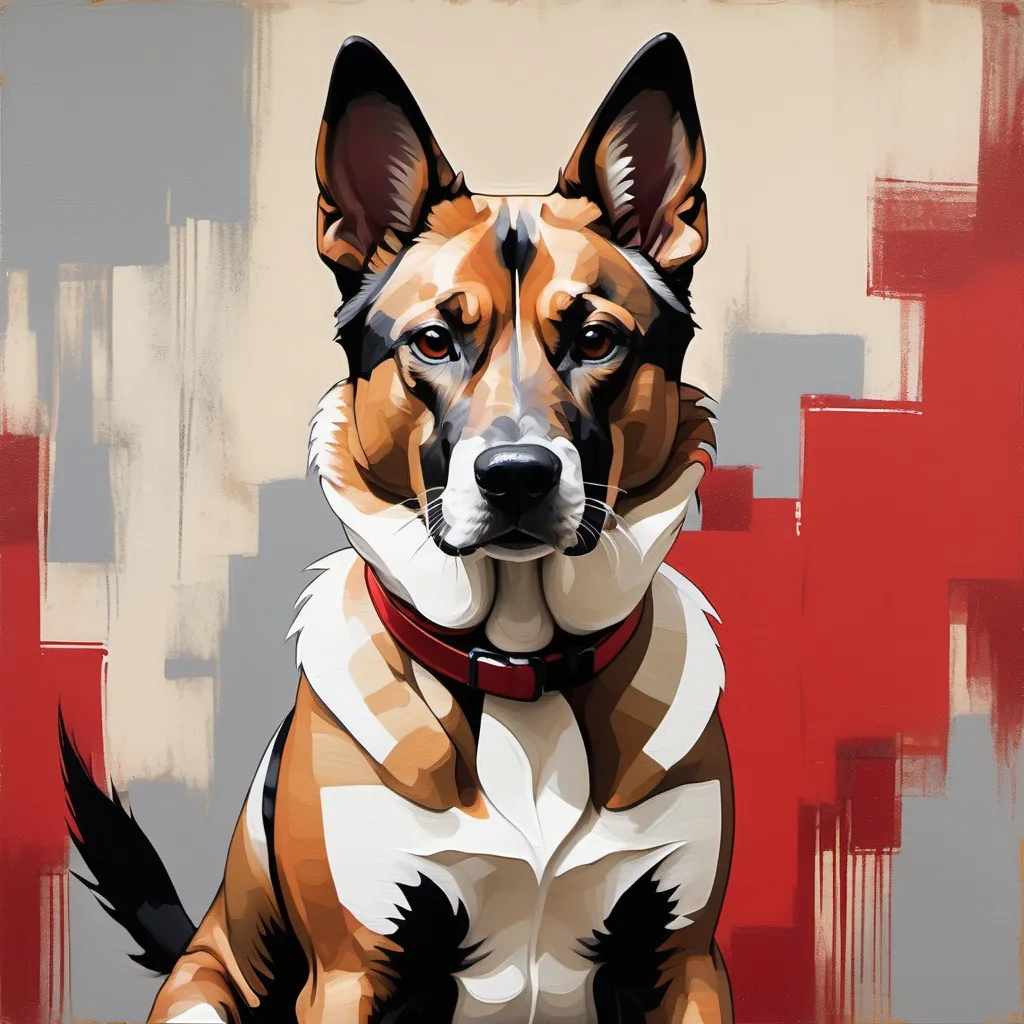 Prompt: A modern, artistic interpretation of a canine portrait with a bold, graphic quality reminiscent of traditional East Asian art. The dog is sitting against an abstract background painted in shades of red and beige. The dog appears to have a calm expression, with pointed ears and a combination of white, gray, and black fur. The background consists of brush strokes that create a textured effect, with the red area being dominant but somewhat uneven.