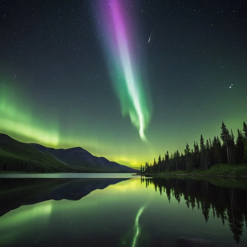 Prompt: Dazzling Perseid meteor shower and Northern Lights above a serene lake with a reflection