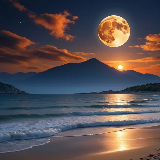 Prompt: (landing scene) super harvest moon, panoramic view, serene beach vista, atop a majestic mountain, twilight hues, vibrant orange and deep blue skies, reflective moonlight shimmering on water, dramatic clouds, tranquil atmosphere, high-quality 4K image, captivating landscape, harmonious colors blending beautifully, evoking peace and wonder.