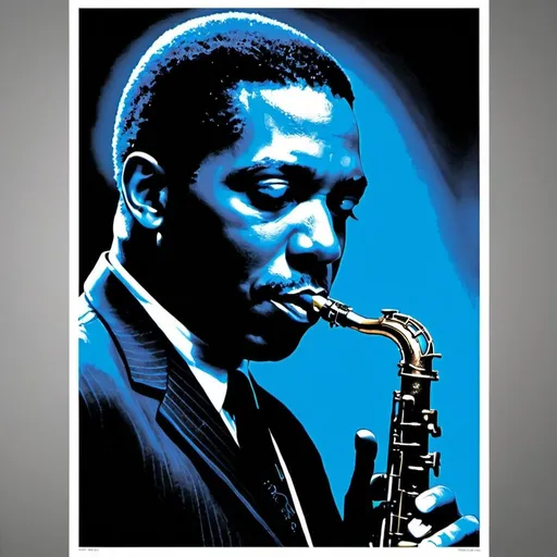Prompt: John Coltrane Jazz Music Art Print Poster Black and Blue