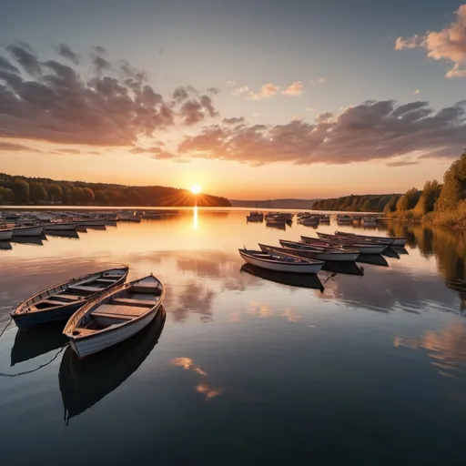 Prompt: high resolution, 4k, detailed, high quality, professional, wide view, sunset from the window on a lake with boats